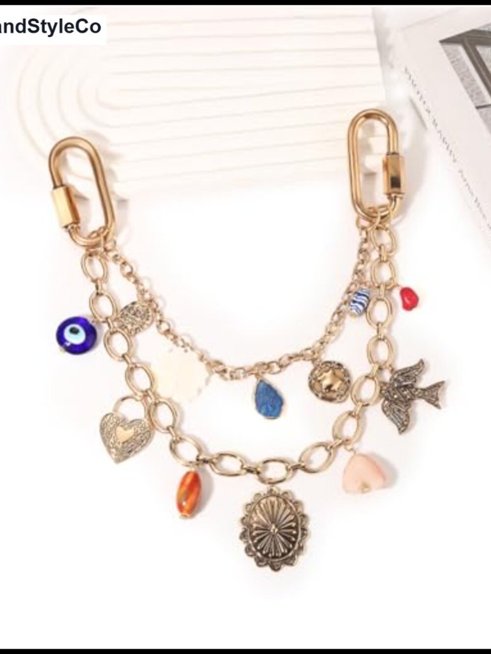 Vintage Gold Chain Bag Charm Purse Extender Evil Eye Heart Boho - Picture 4 of 5